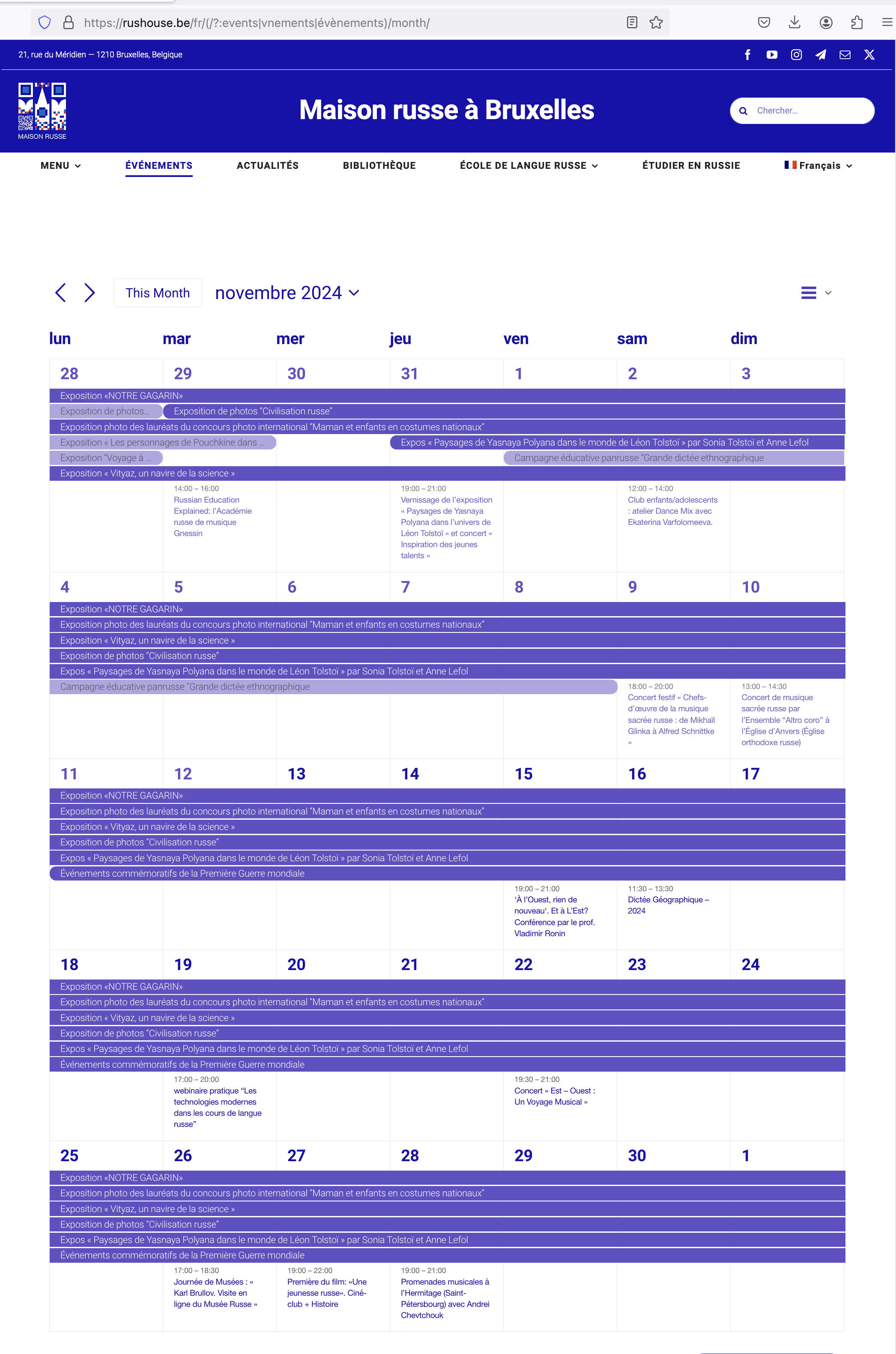 Page Internet. Maison russe Bruxelles-Europe. Calendrier des événements culturels de novembre 2024-11-01